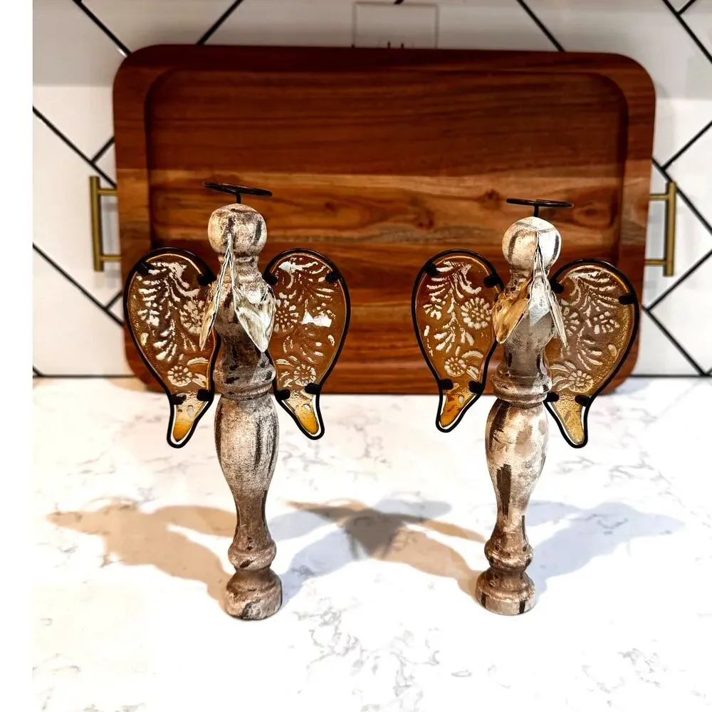 Vintage-Inspired Spool Spindle Flower Angel Ornament wood body glass wings x2